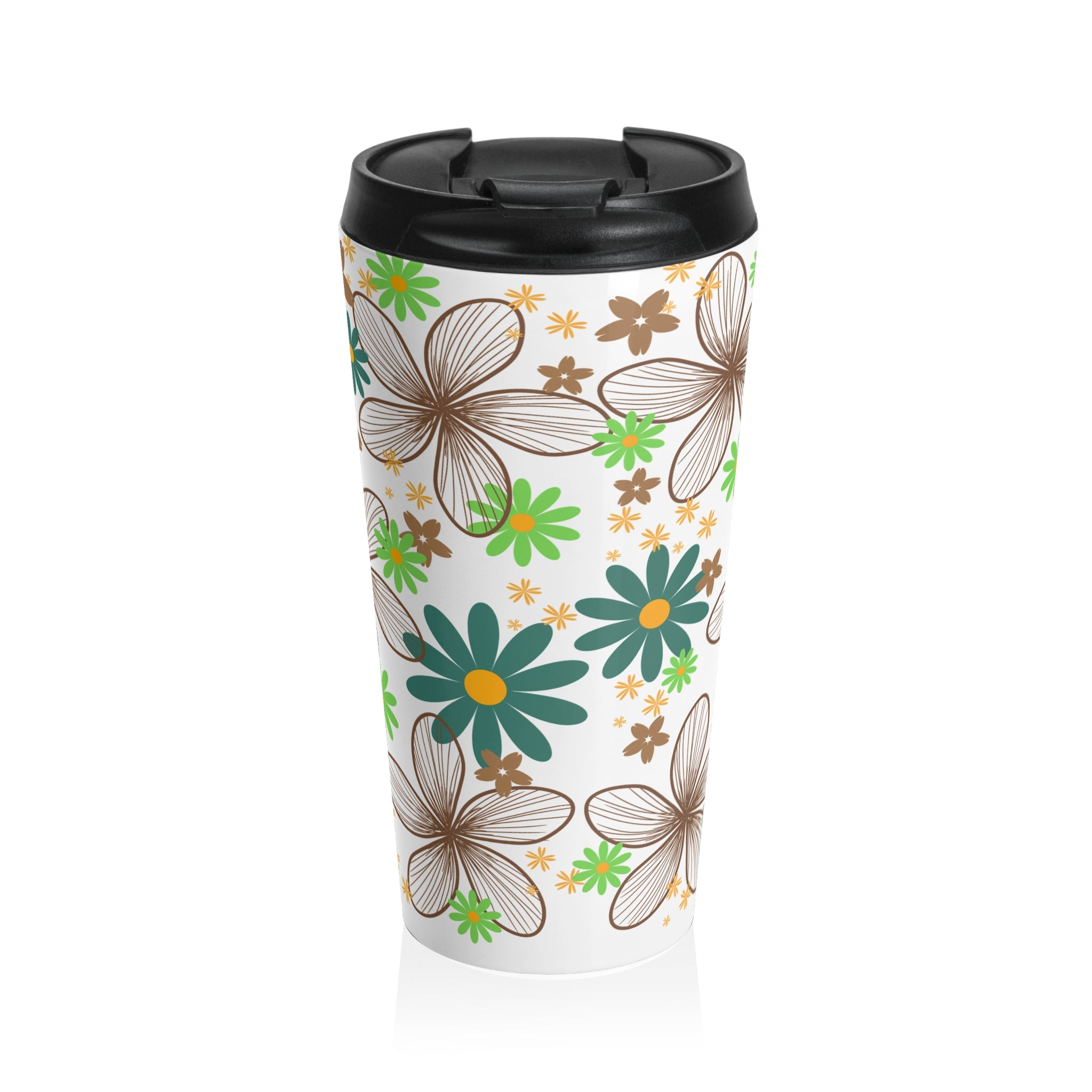 Floral Stainless Steel Travel Mug — Green & Brown Retro Flower Pattern