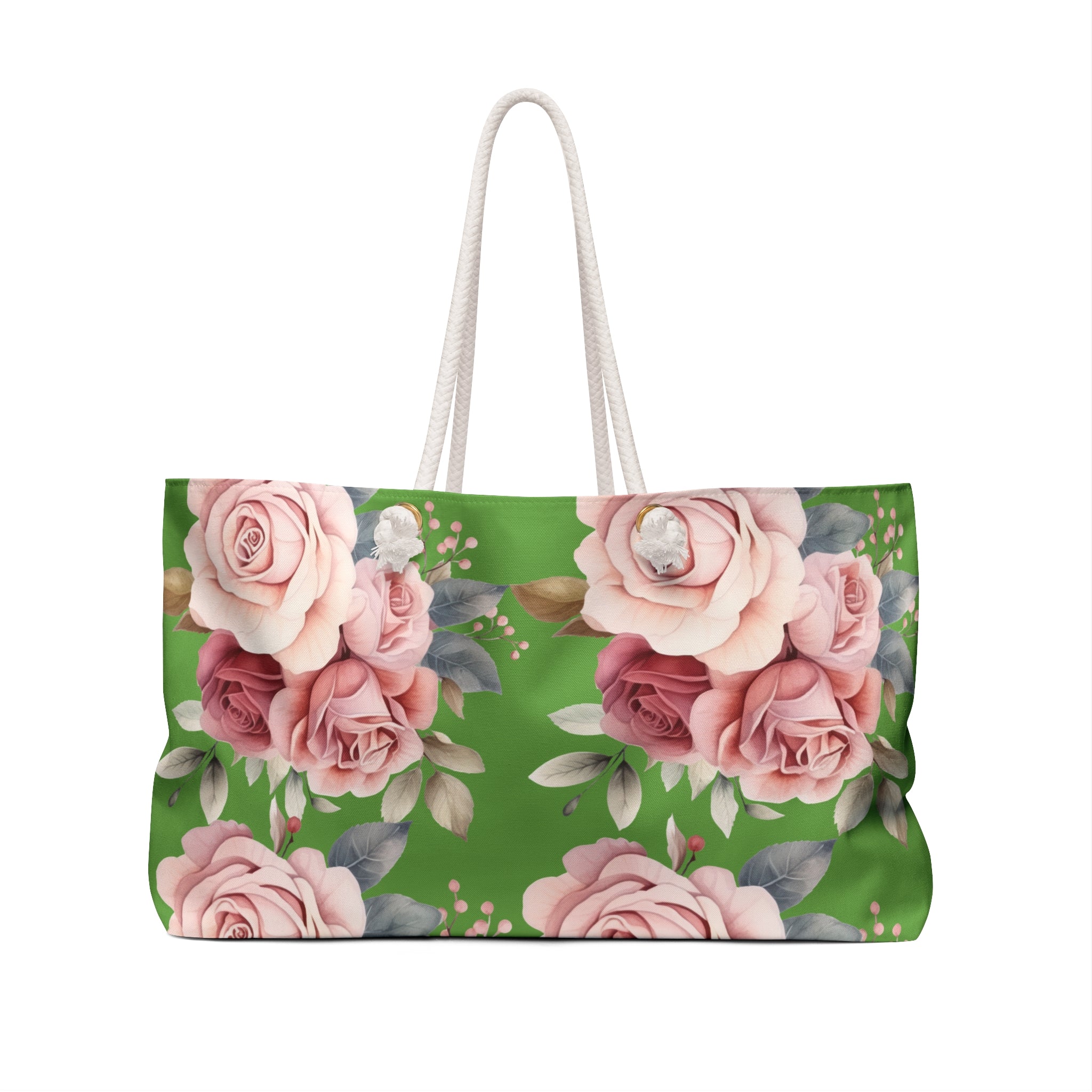 Floral Rose Weekender Bag — Pink Roses on Green Tote for Travel & Beach