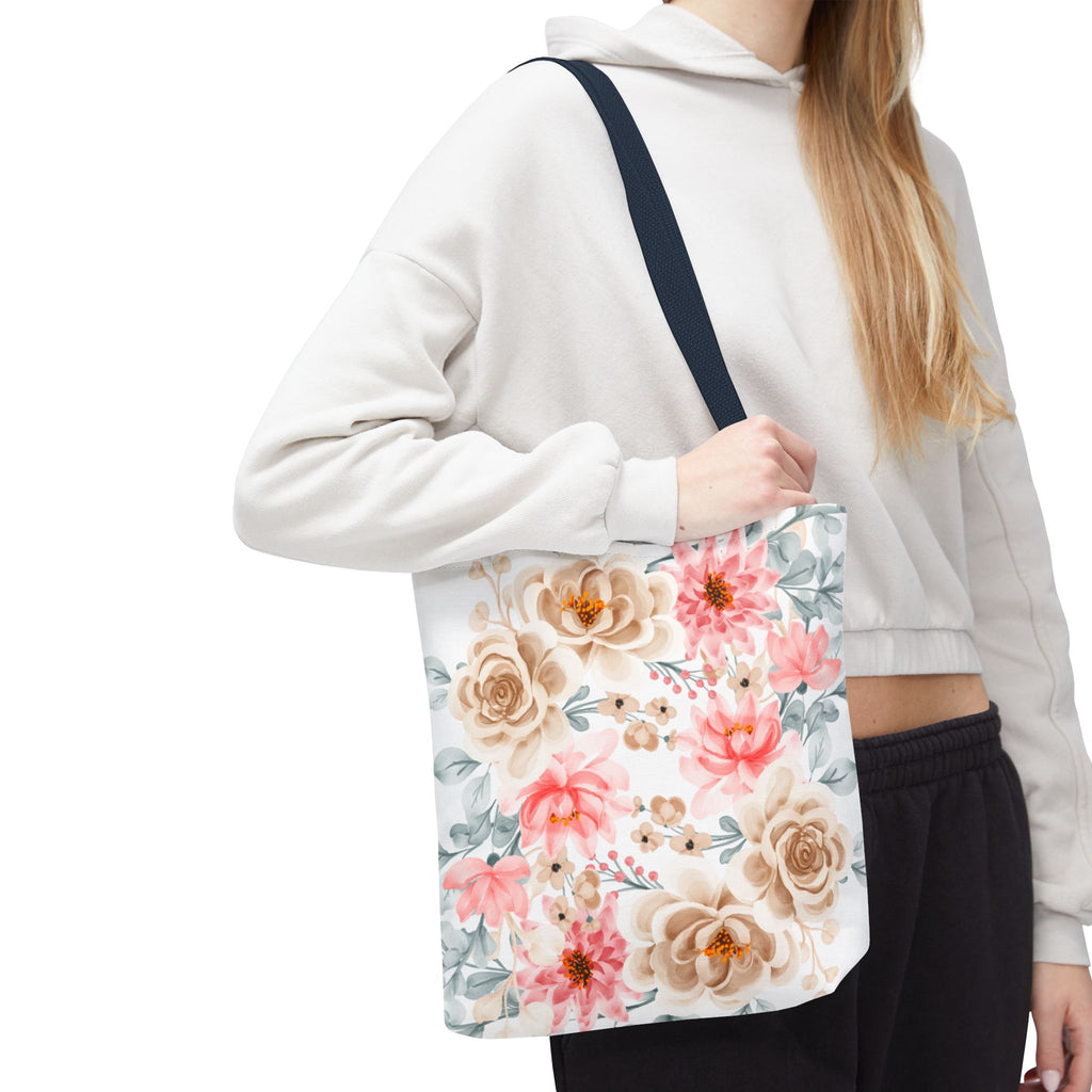 Floral Watercolor Tote Bag — Pink & Beige Garden Roses All-Over Print