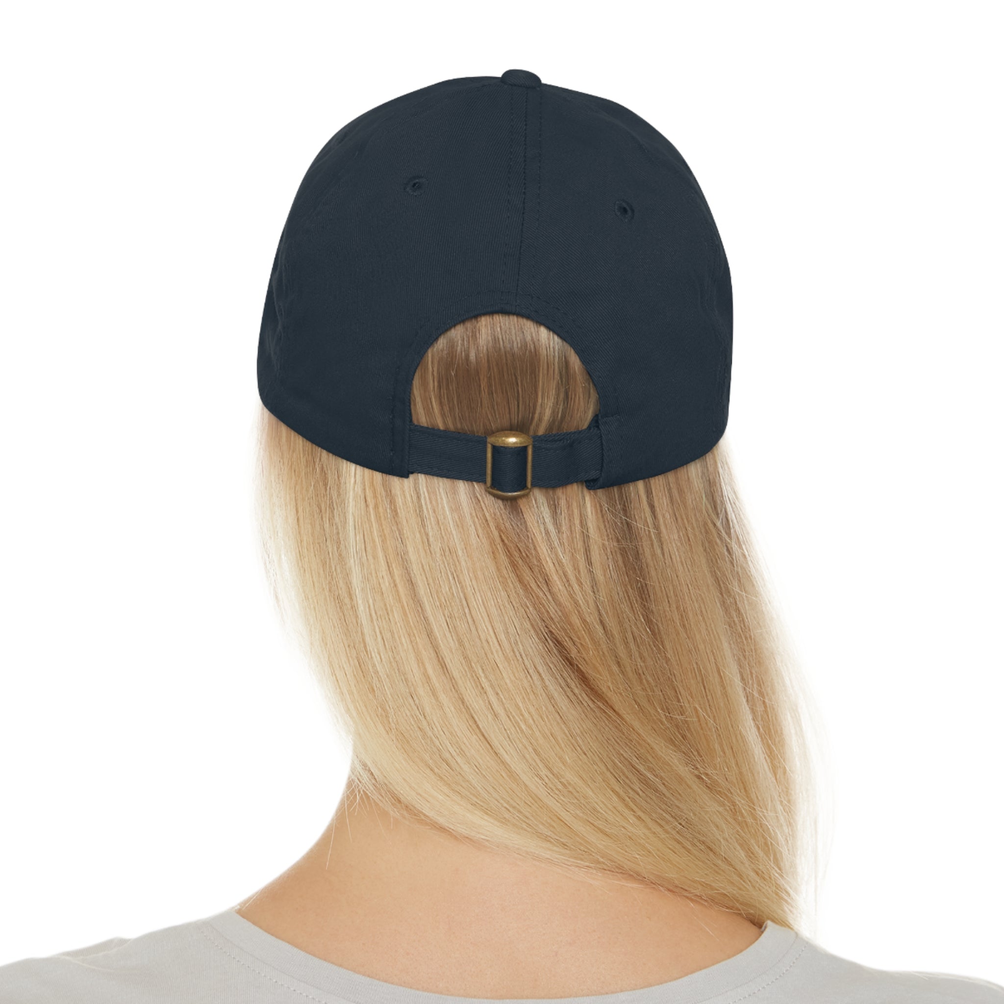 White Dad Hat with Round Leather Patch - Blue Abstract Fish Design