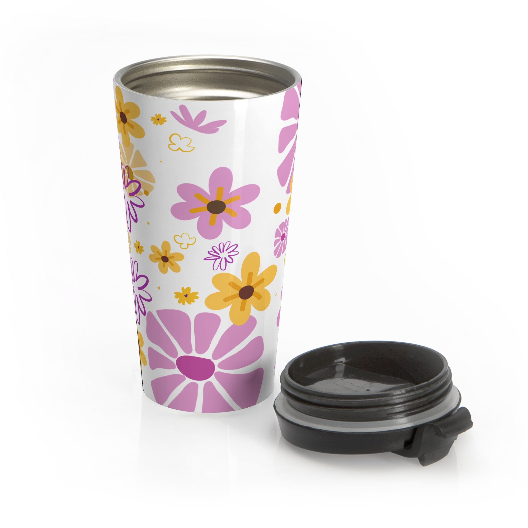 Floral Stainless Steel Travel Mug – Pink & Yellow Daisy Pattern