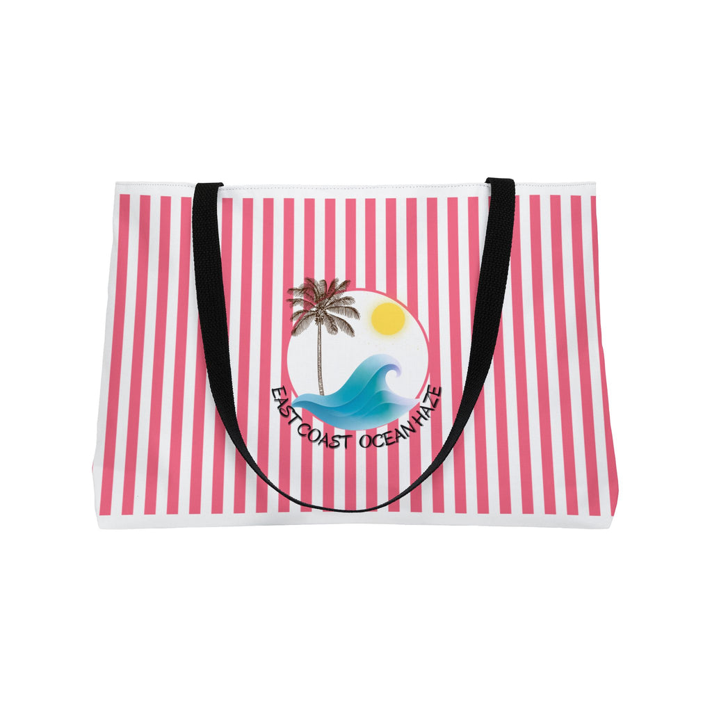 Weekender Tote Bag — Pink Striped Beach Tote with Palm Tree & 'Goodbye Oceans' Graphic