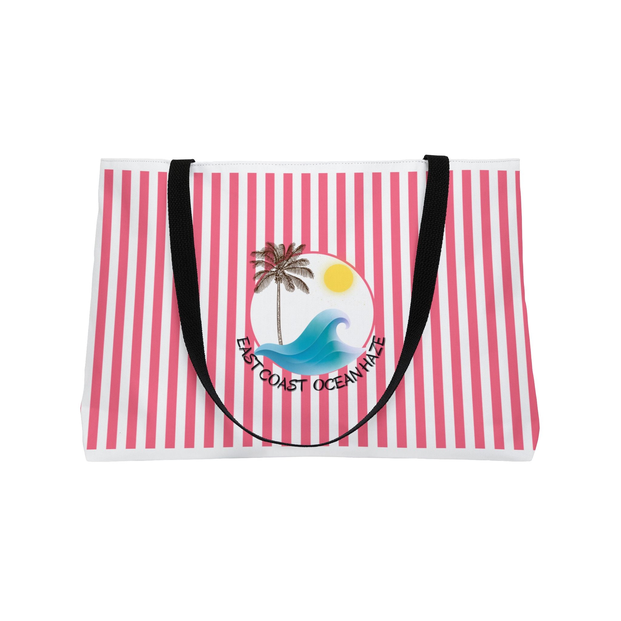 Weekender Tote Bag — Pink Striped Beach Tote with Palm Tree & 'Goodbye Oceans' Graphic