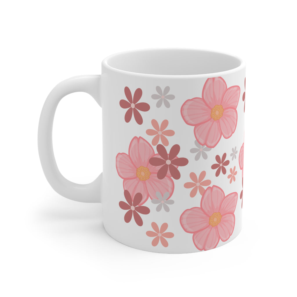 Pink Floral Ceramic Coffee Mug — Cute Flower Pattern, 11oz & 15oz
