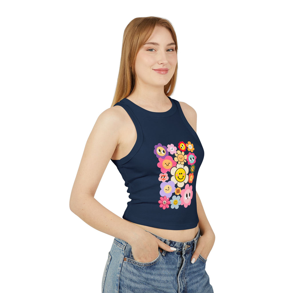 Smiley Flower Crop Tank — Cute Floral Smiley Graphic Racerback Tank