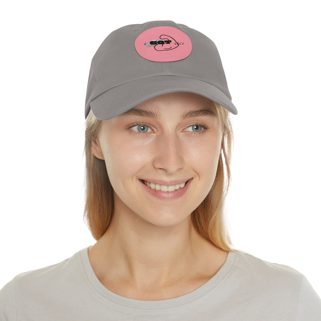 White Dad Hat with Round Leather Patch - Blue Abstract Fish Design