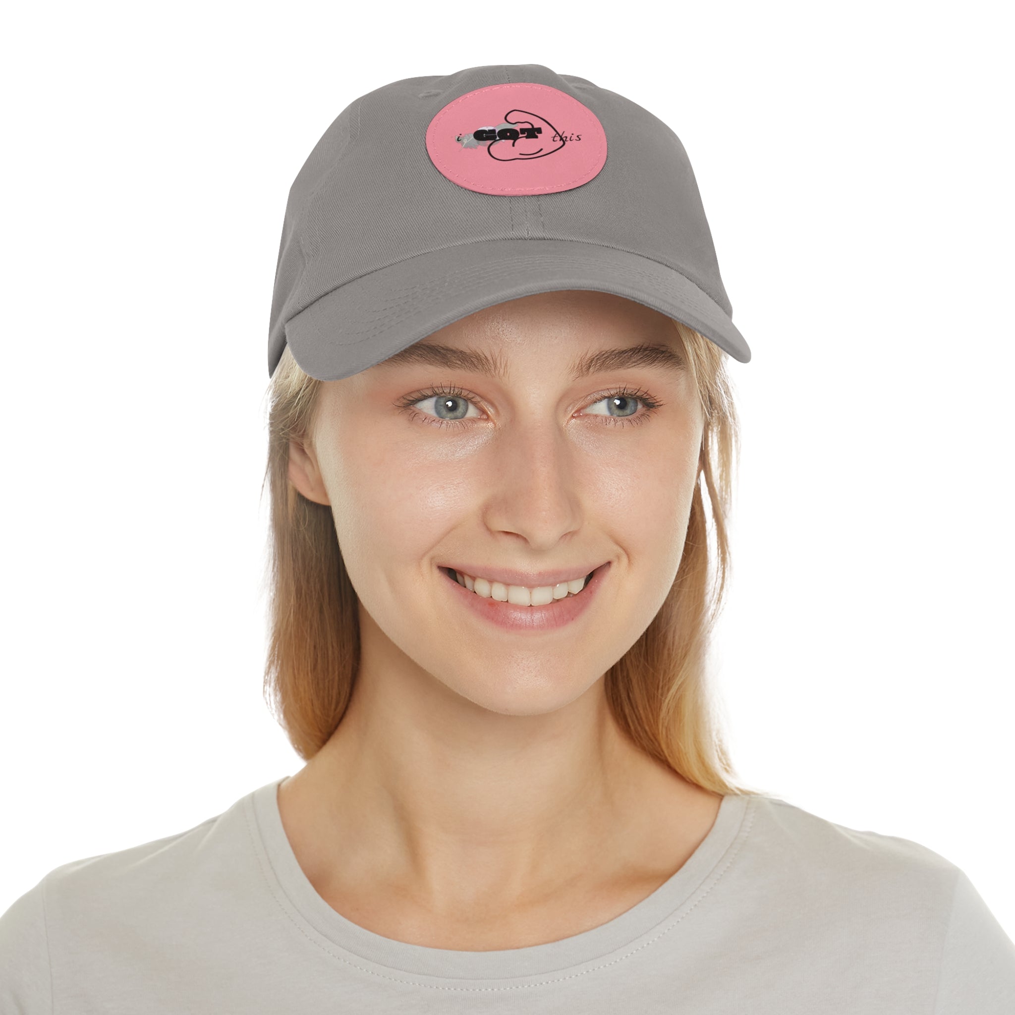 White Dad Hat with Round Leather Patch - Blue Abstract Fish Design