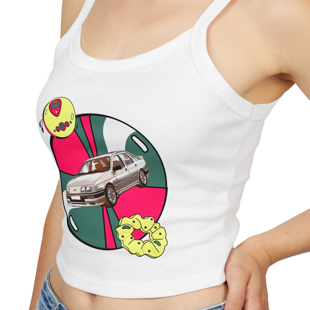 Retro Car Crop Tank Top — Vintage Sedan Graphic Spaghetti Strap Top