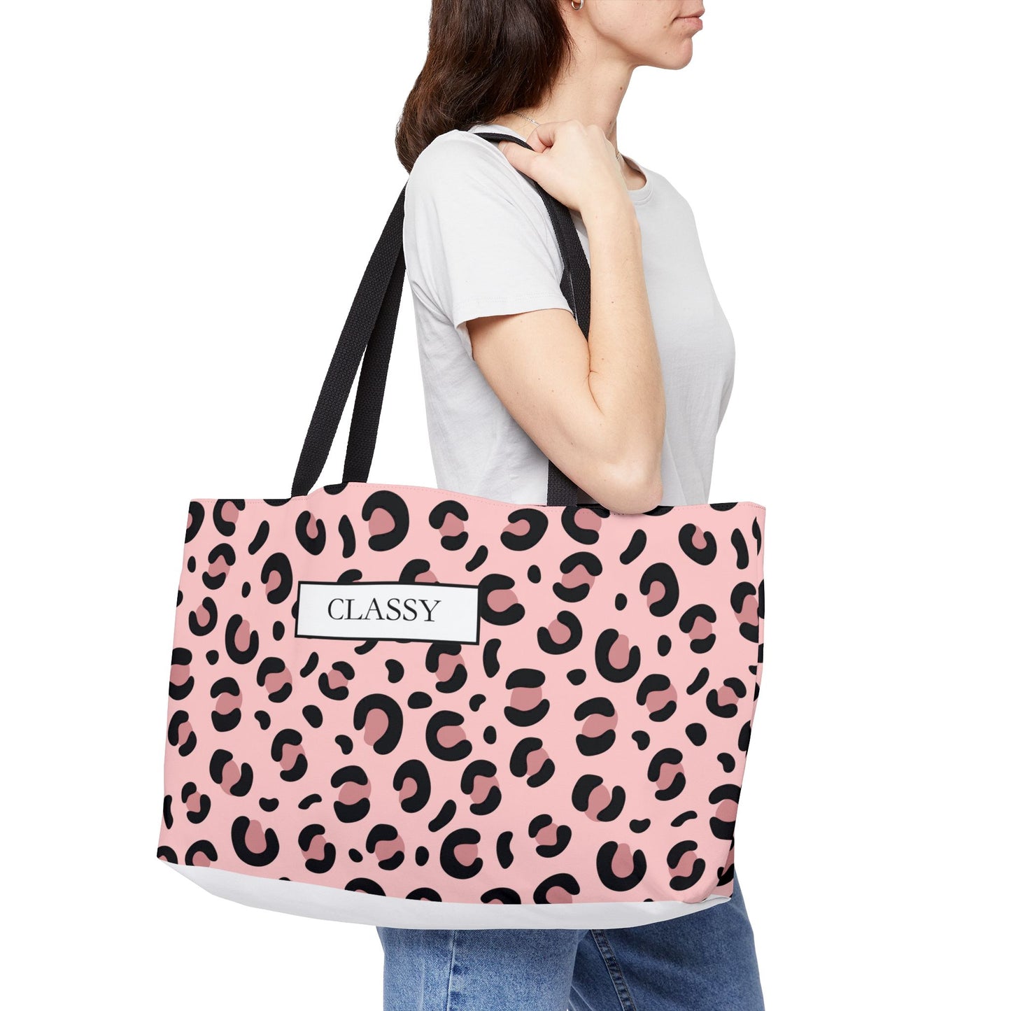 Classy Pink Leopard Weekender Tote Bag — Stylish Animal Print Travel Tote