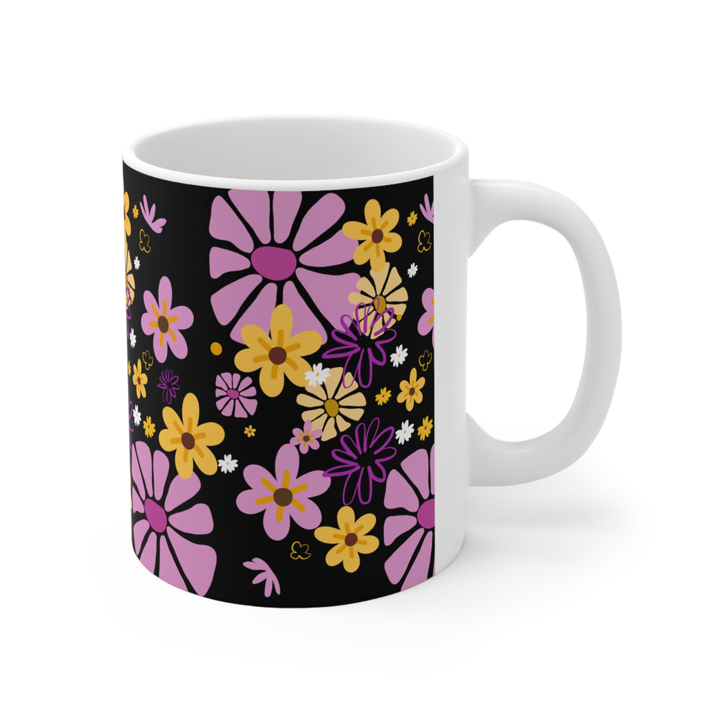 Floral Doodle Coffee Mug — Pink & Yellow Flowers on Black (11oz/15oz)