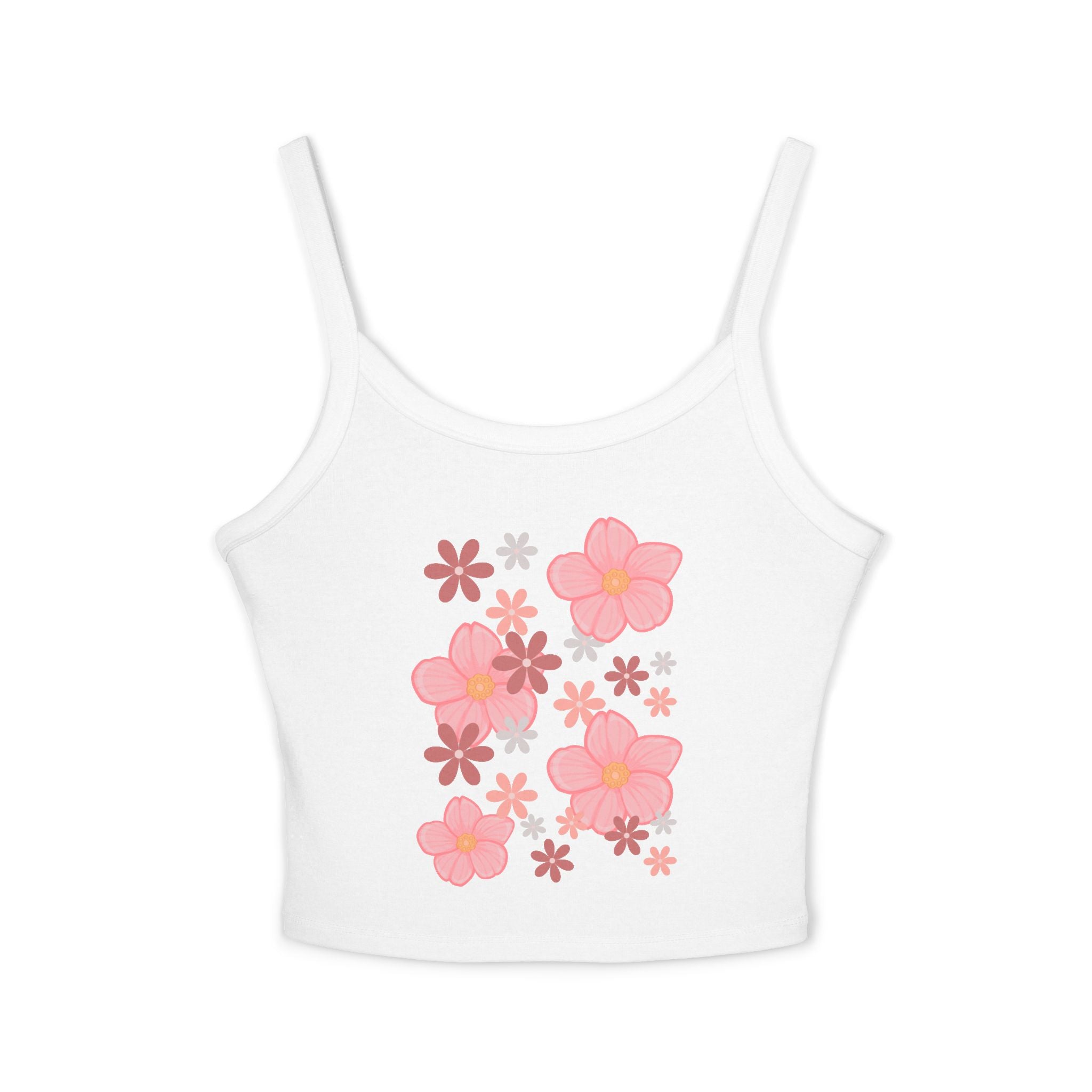 Floral Bloom Spaghetti Strap Tank — Pink Retro Flower Graphic