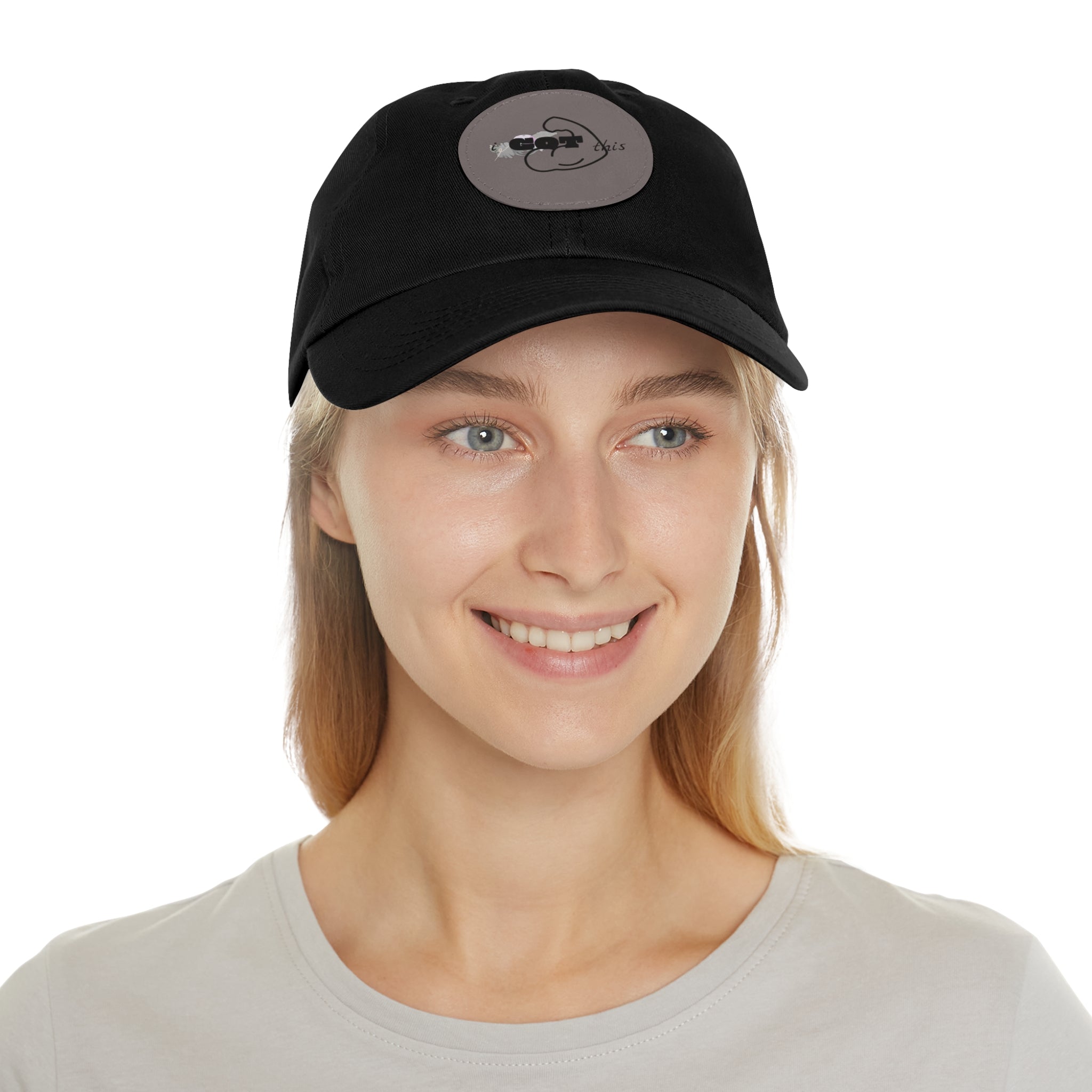 White Dad Hat with Round Leather Patch - Blue Abstract Fish Design
