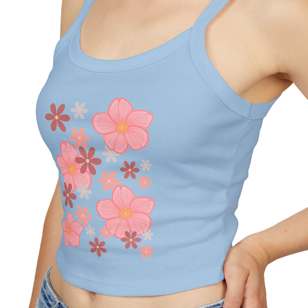 Floral Bloom Spaghetti Strap Tank — Pink Retro Flower Graphic