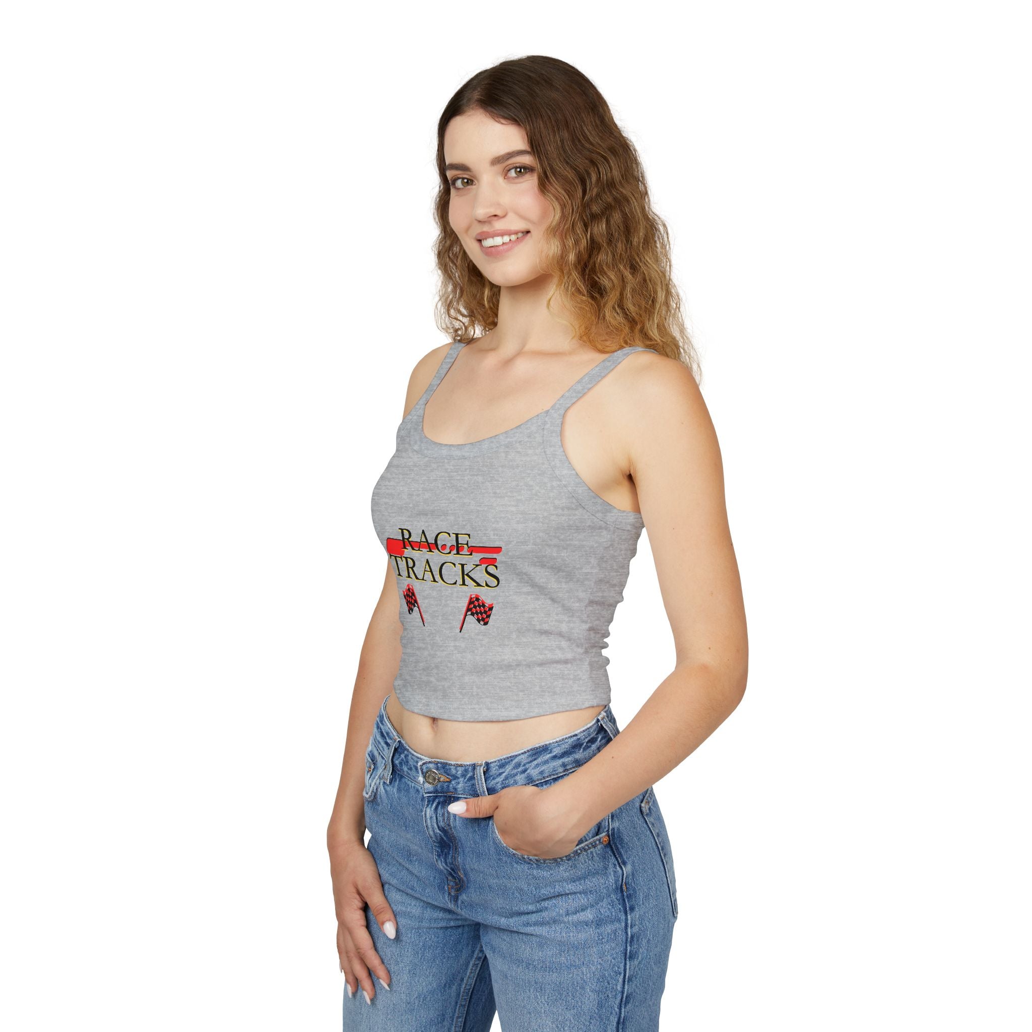 Race Tracks Crop Tank Top — Racing Flag Graphic Womens Spaghetti Strap Tank