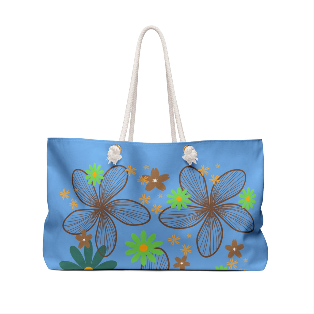 Floral Blue Weekender Bag — Retro Tropical Flower Travel Tote