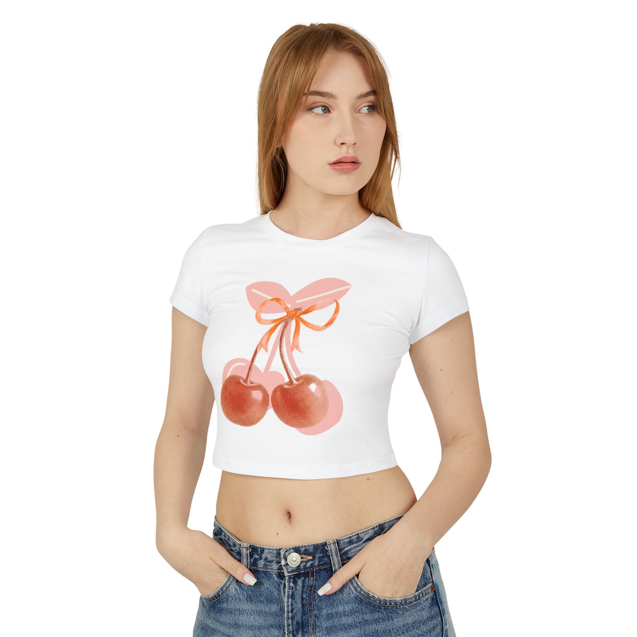 Cherry Bow Crop Tee — Cute Pink Watercolor Fruit Graphic Women's Baby Tee