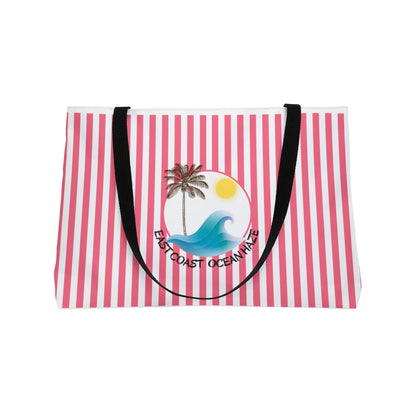 Weekender Tote Bag — Pink Striped Beach Tote with Palm Tree & 'Goodbye Oceans' Graphic