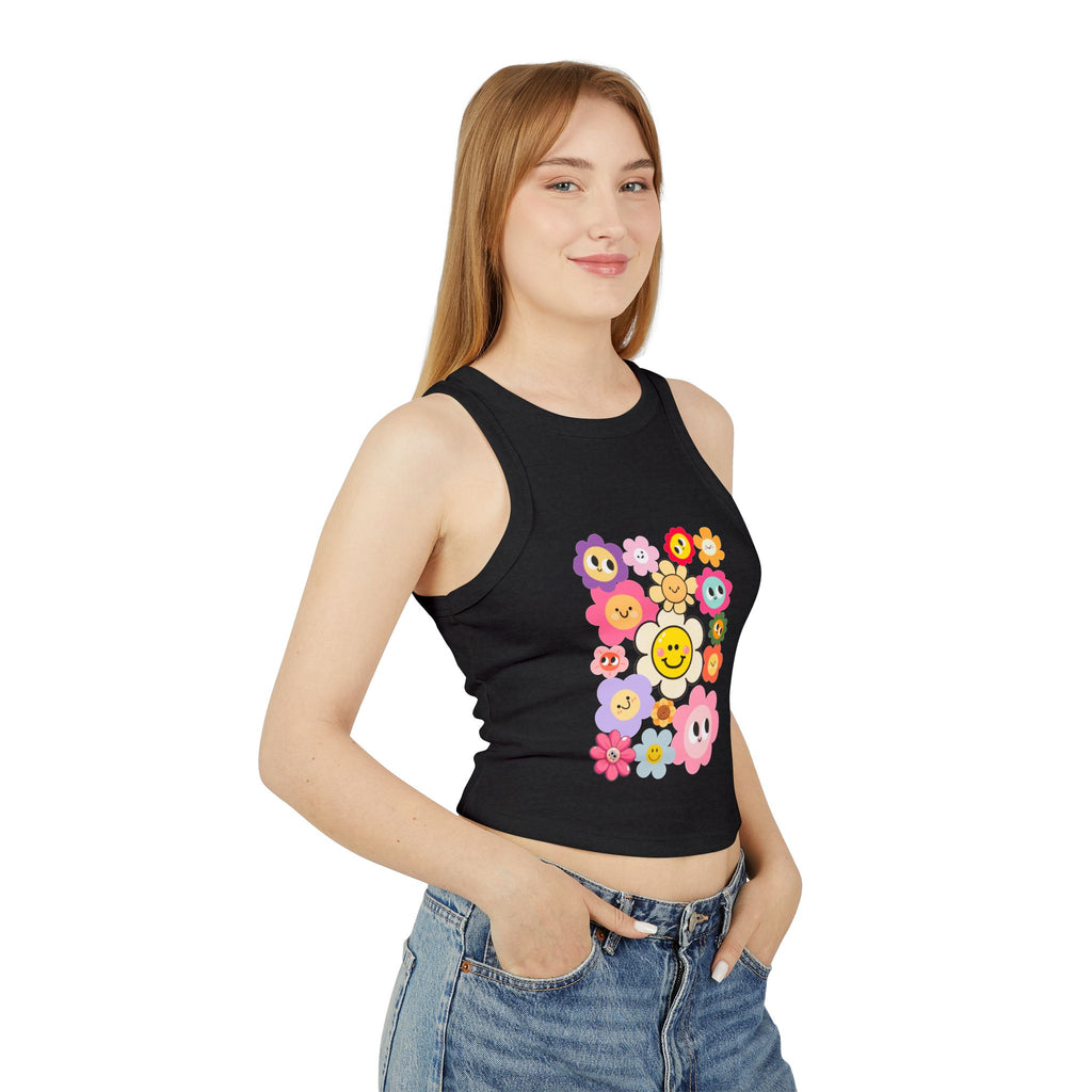Smiley Flower Crop Tank — Cute Floral Smiley Graphic Racerback Tank