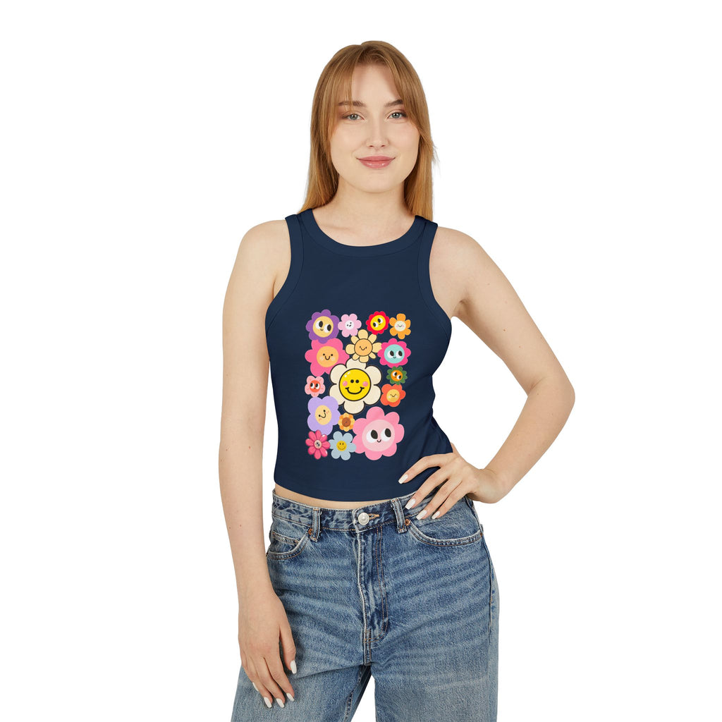 Smiley Flower Crop Tank — Cute Floral Smiley Graphic Racerback Tank