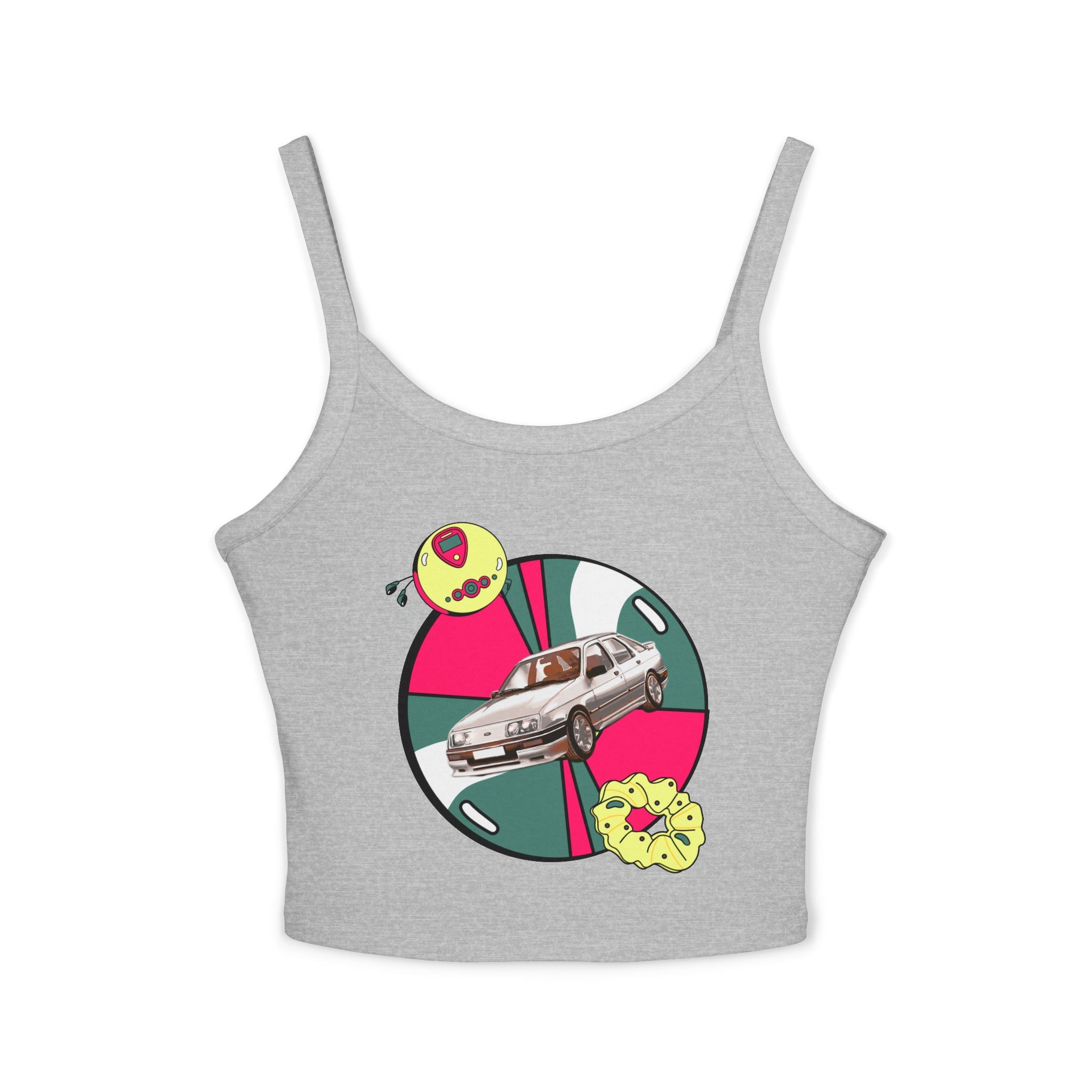 Retro Car Crop Tank Top — Vintage Sedan Graphic Spaghetti Strap Top