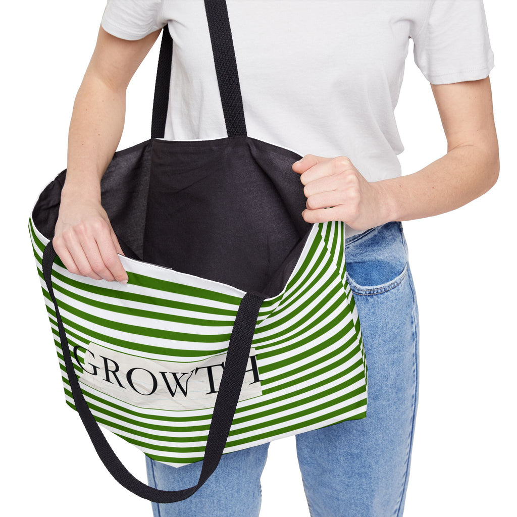 Growth Striped Weekender Tote Bag — Green Stripes Motivational Beach & Travel Bag