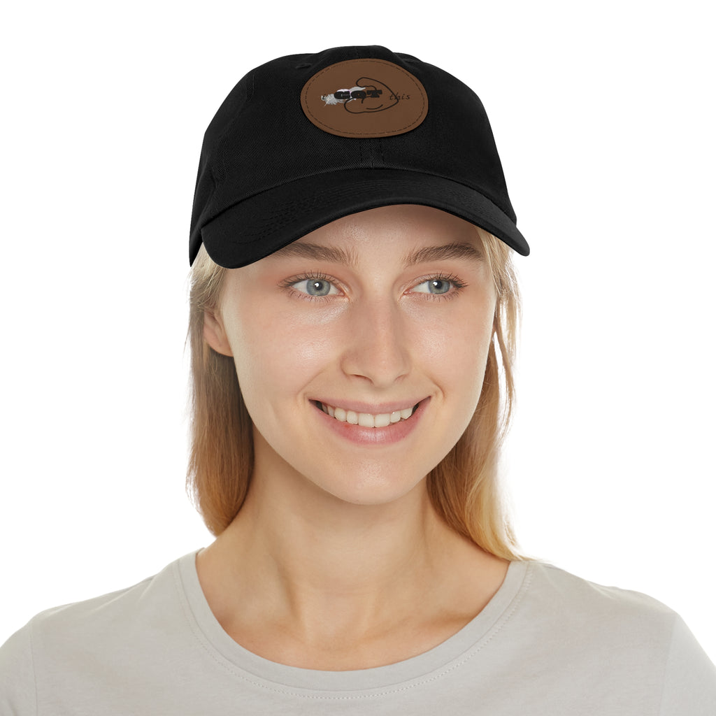 White Dad Hat with Round Leather Patch - Blue Abstract Fish Design