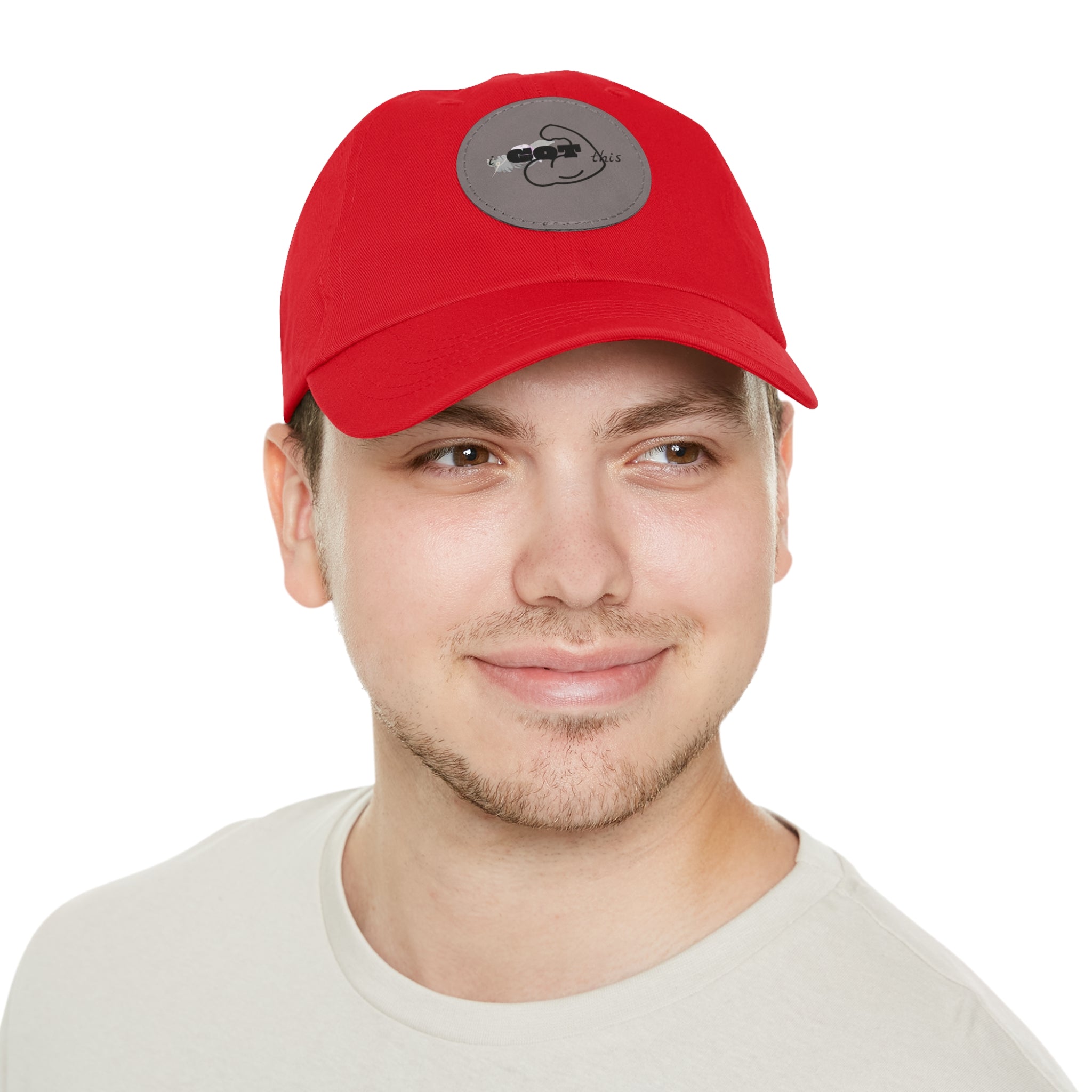 White Dad Hat with Round Leather Patch - Blue Abstract Fish Design