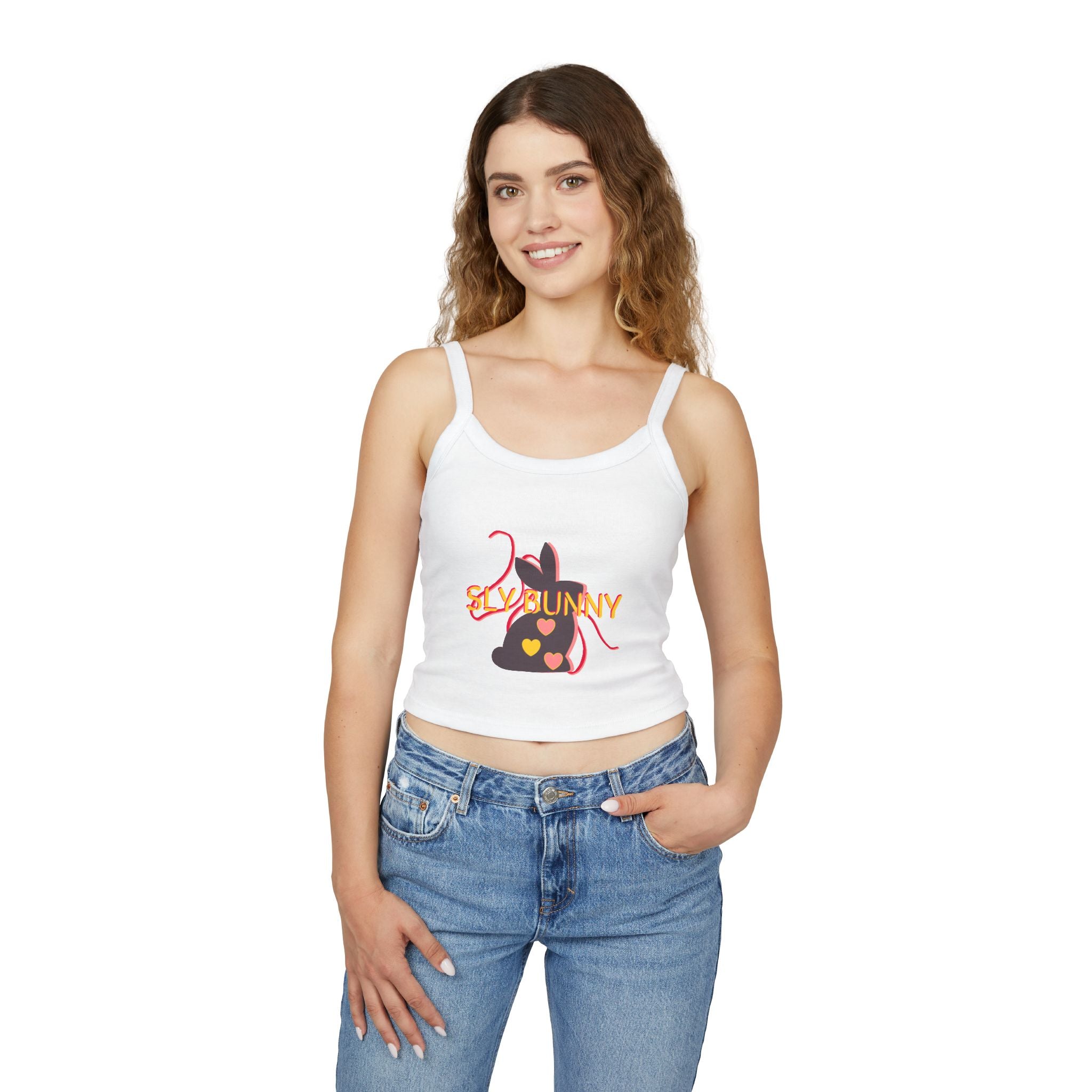Sly Bunny Crop Tank Top – Cute Heart Bunny Graphic Spaghetti Strap