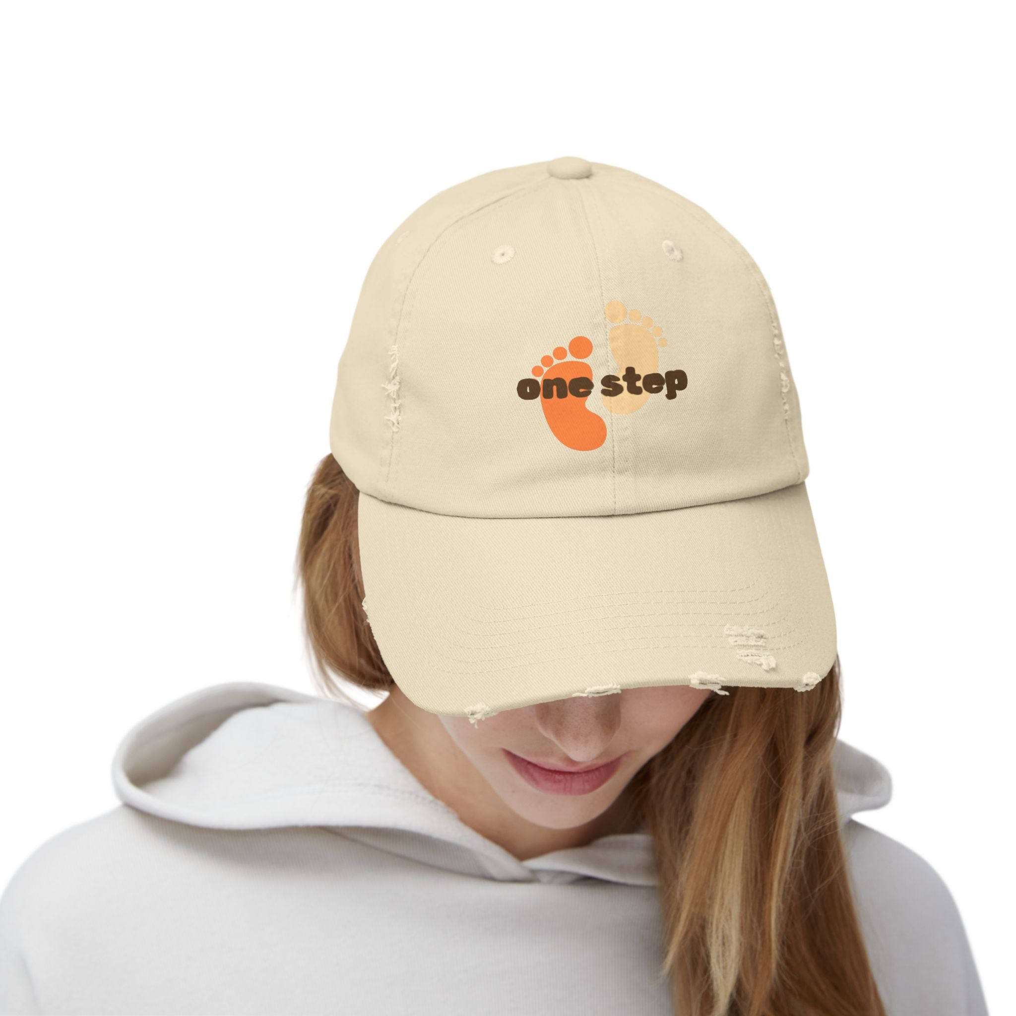 One Step Distressed Dad Hat — Retro Footprint Embroidered Cap