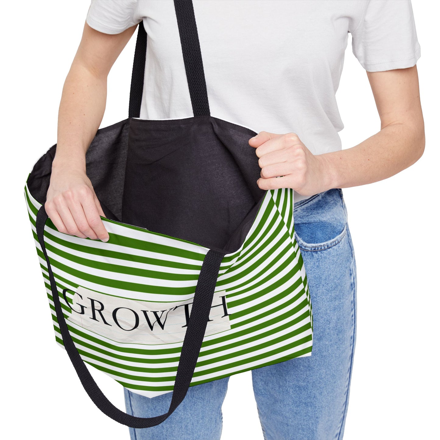 Growth Striped Weekender Tote Bag — Green Stripes Motivational Beach & Travel Bag