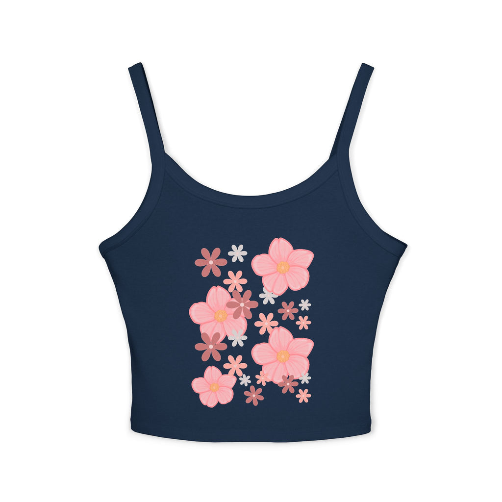 Floral Bloom Spaghetti Strap Tank — Pink Retro Flower Graphic