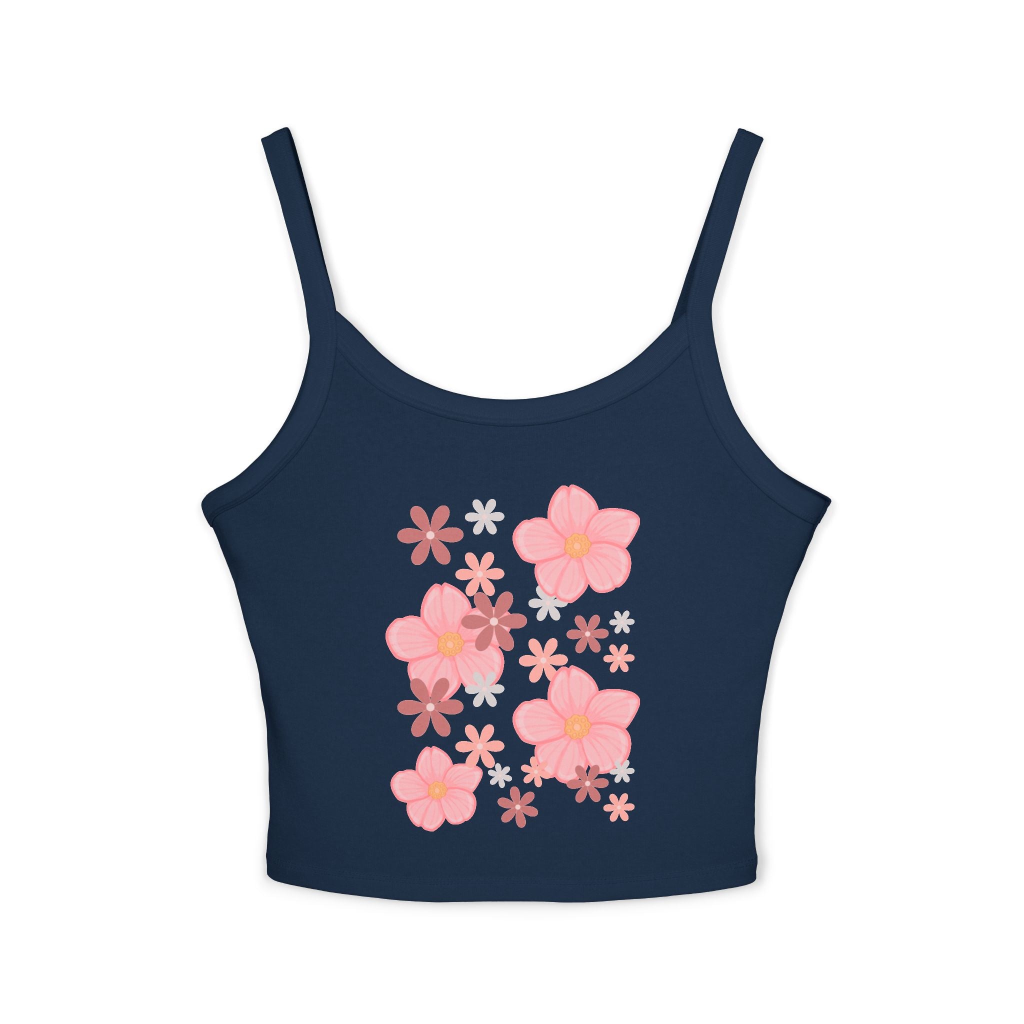 Floral Bloom Spaghetti Strap Tank — Pink Retro Flower Graphic