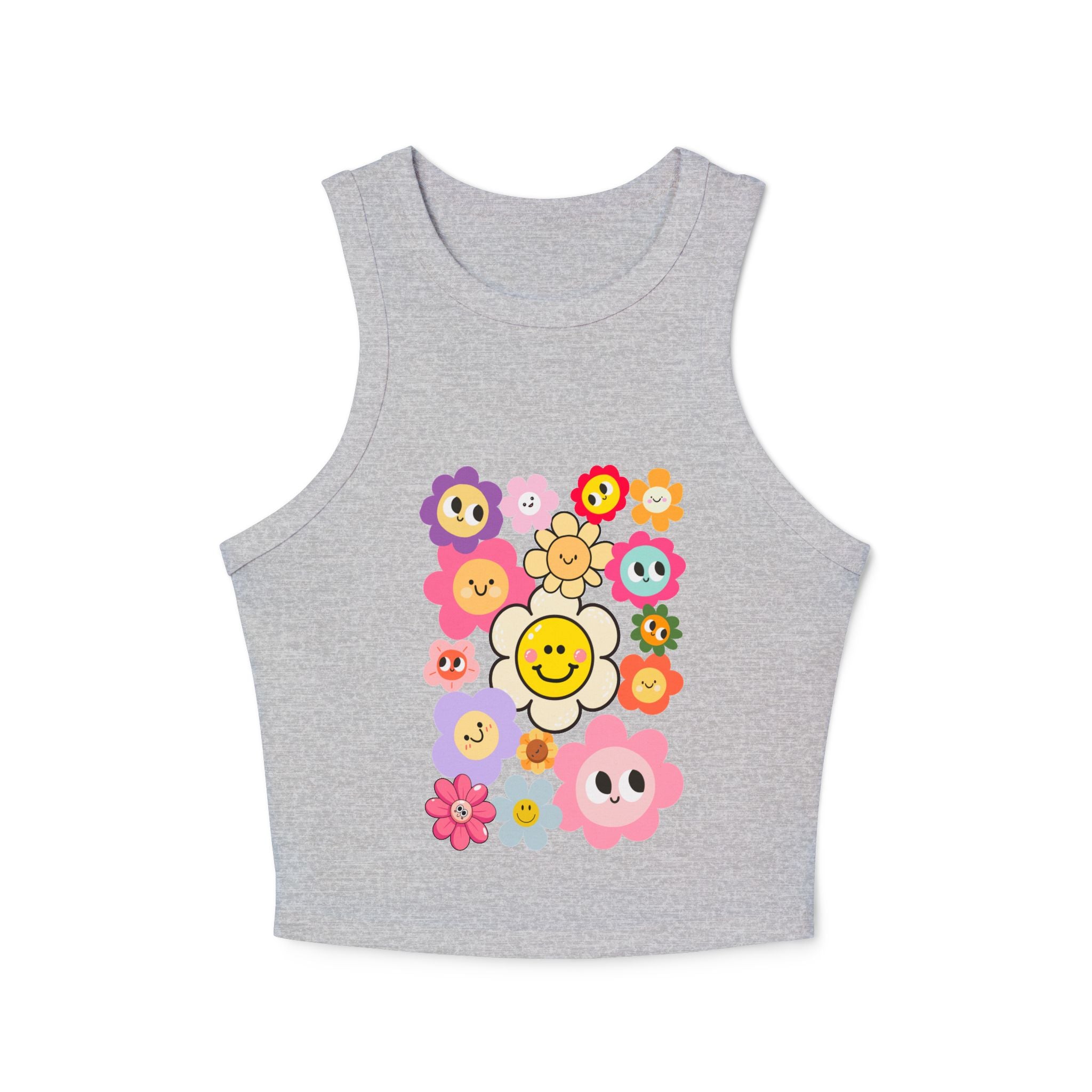 Smiley Flower Crop Tank — Cute Floral Smiley Graphic Racerback Tank