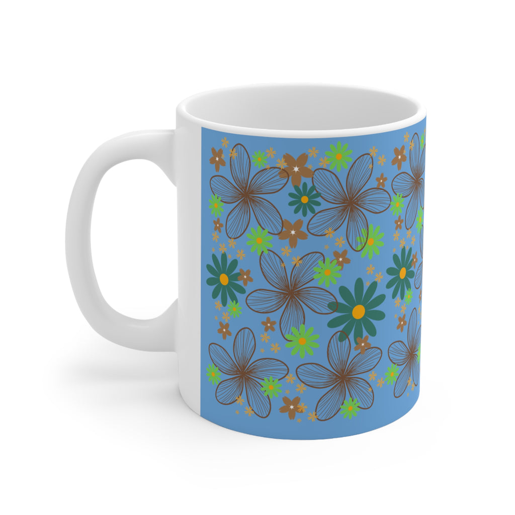 Blue Floral Ceramic Coffee Mug — Retro Daisy Pattern, 11oz & 15oz