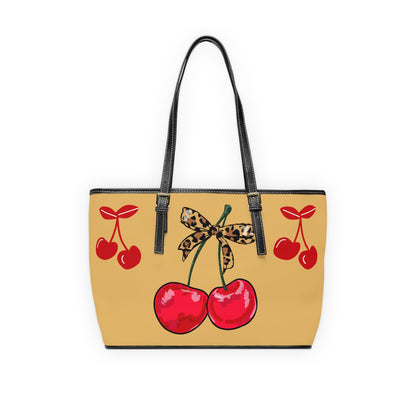 Cherry Bow PU Shoulder Bag – Retro Red Cherries with Leopard Bow Tote