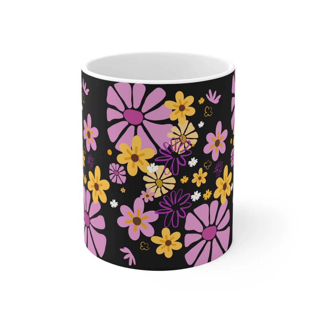 Floral Doodle Coffee Mug — Pink & Yellow Flowers on Black (11oz/15oz)