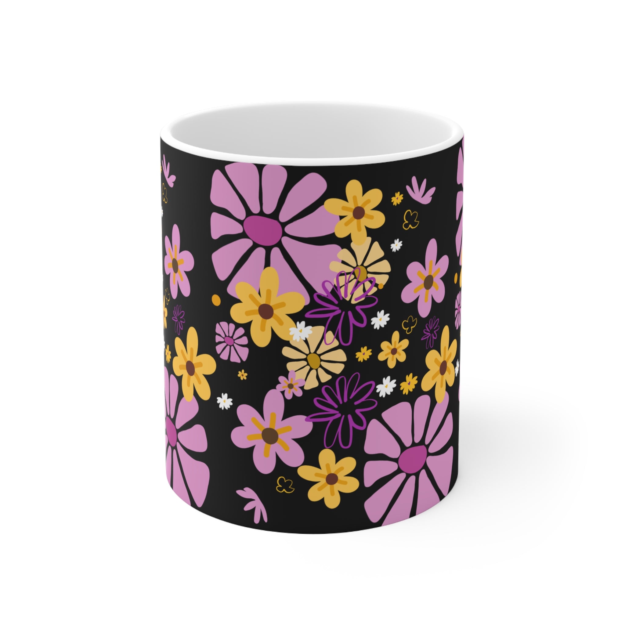 Floral Doodle Coffee Mug — Pink & Yellow Flowers on Black (11oz/15oz)