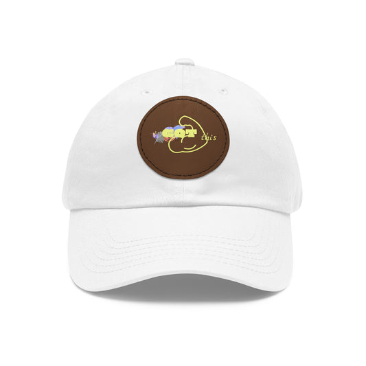 White Dad Hat with Round Leather Patch - Blue Abstract Fish Design