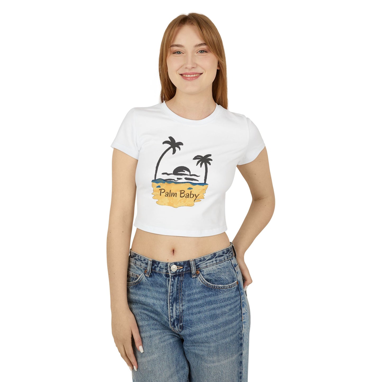 Palm Baby Women's Baby Tee — Tropical Palm Tree Sunset Crop Top
