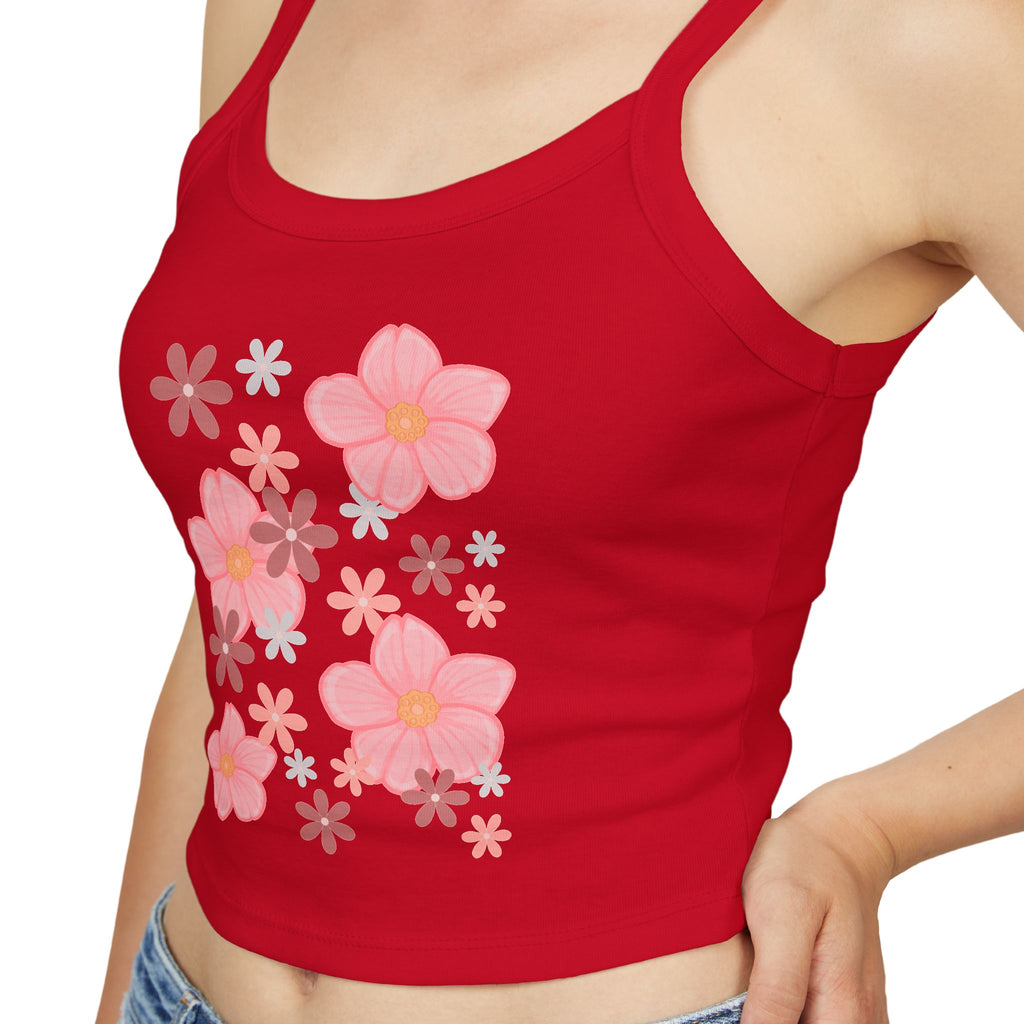 Floral Bloom Spaghetti Strap Tank — Pink Retro Flower Graphic