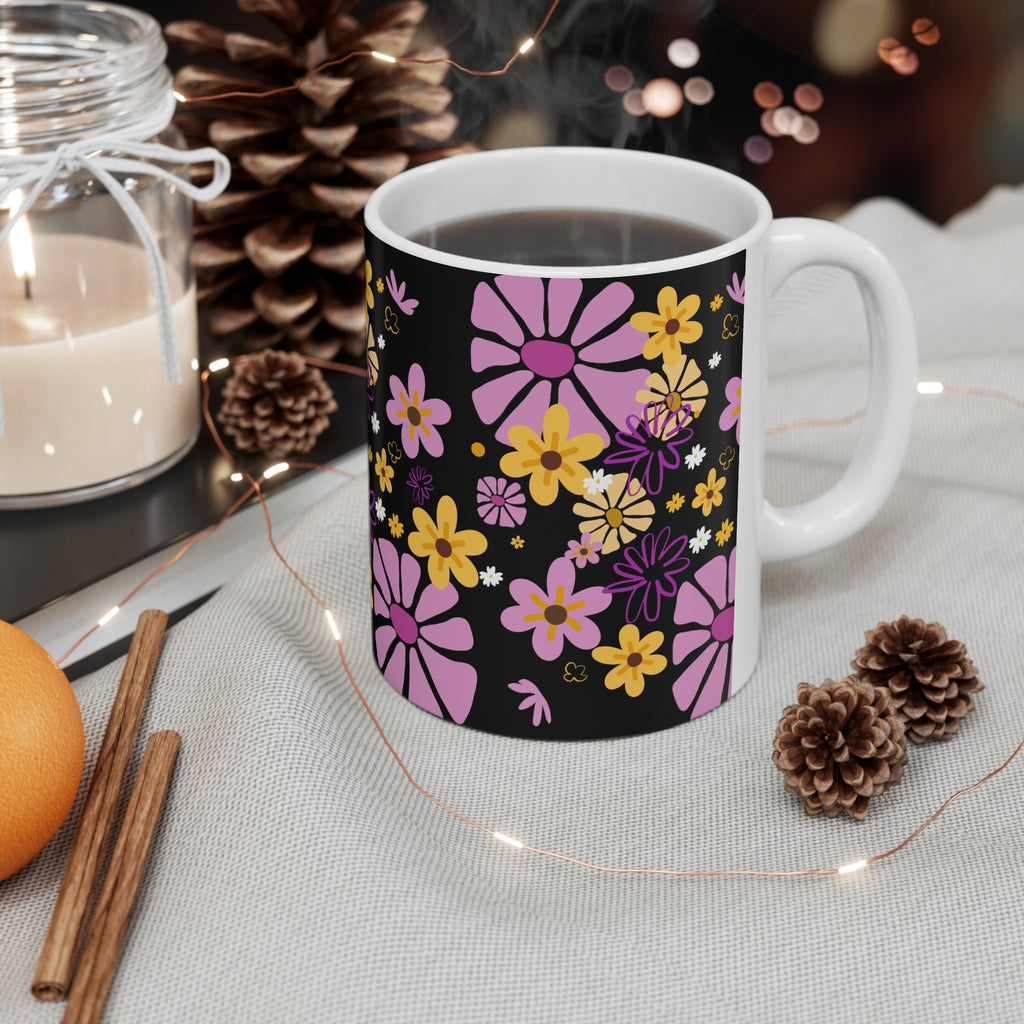 Floral Doodle Coffee Mug — Pink & Yellow Flowers on Black (11oz/15oz)