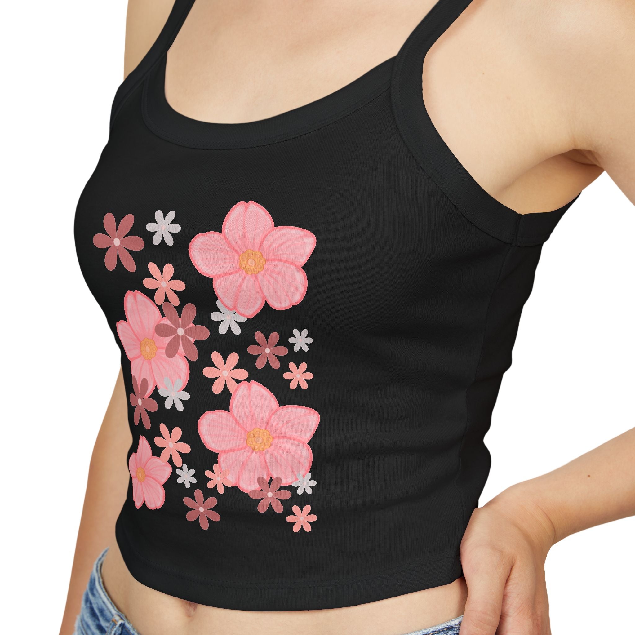 Floral Bloom Spaghetti Strap Tank — Pink Retro Flower Graphic