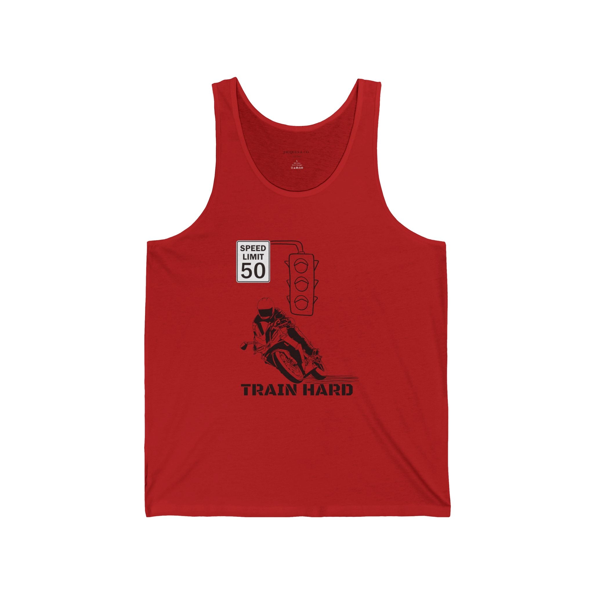 Train Hard Racerback Tank Top – Running Wolf Graphic, Speed Limit 50