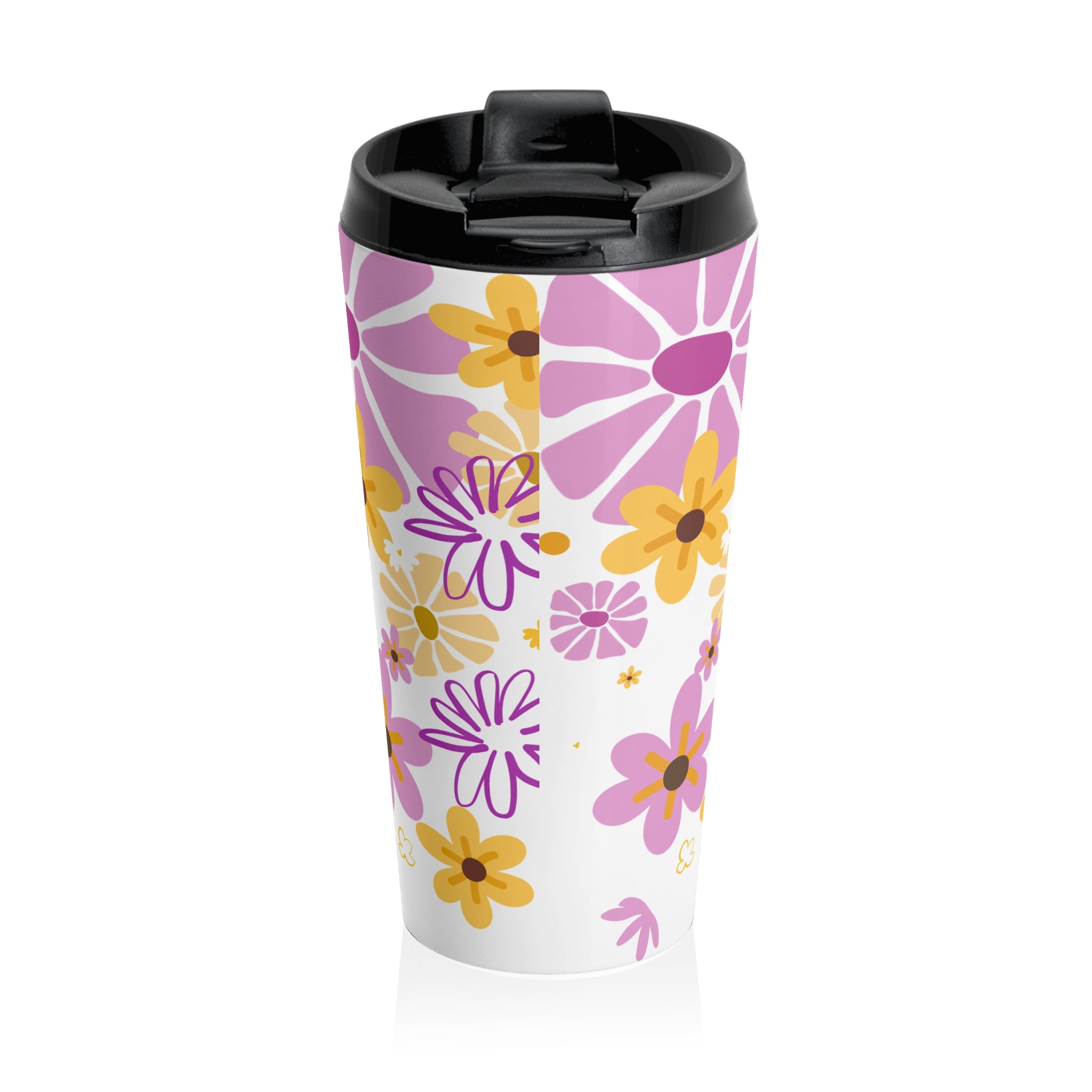 Floral Stainless Steel Travel Mug – Pink & Yellow Daisy Pattern