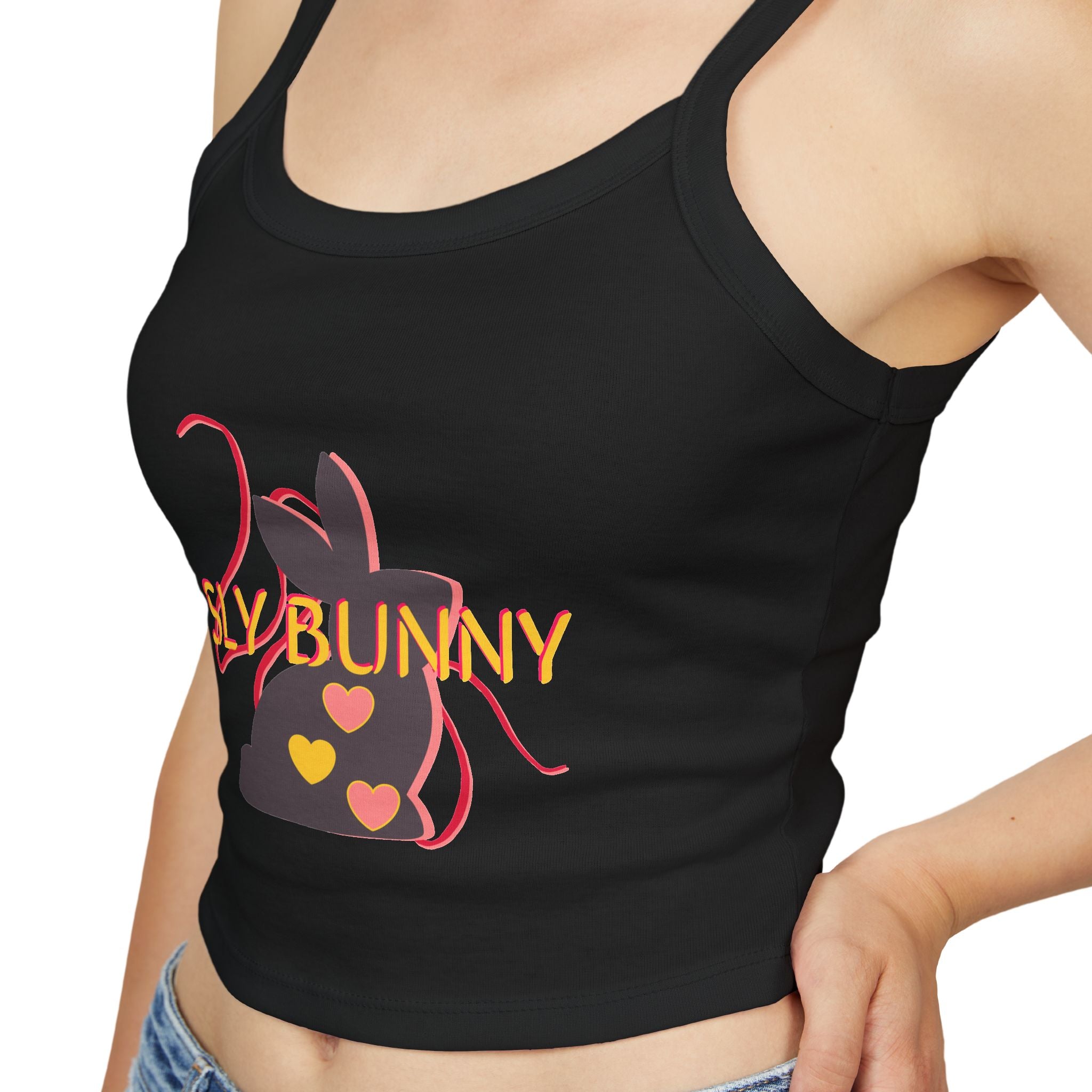 Sly Bunny Crop Tank Top – Cute Heart Bunny Graphic Spaghetti Strap