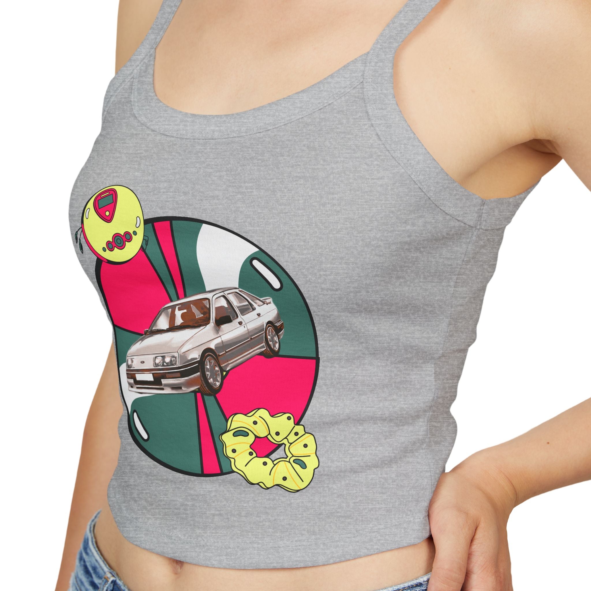 Retro Car Crop Tank Top — Vintage Sedan Graphic Spaghetti Strap Top