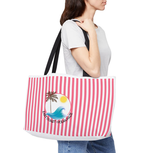Weekender Tote Bag — Pink Striped Beach Tote with Palm Tree & 'Goodbye Oceans' Graphic