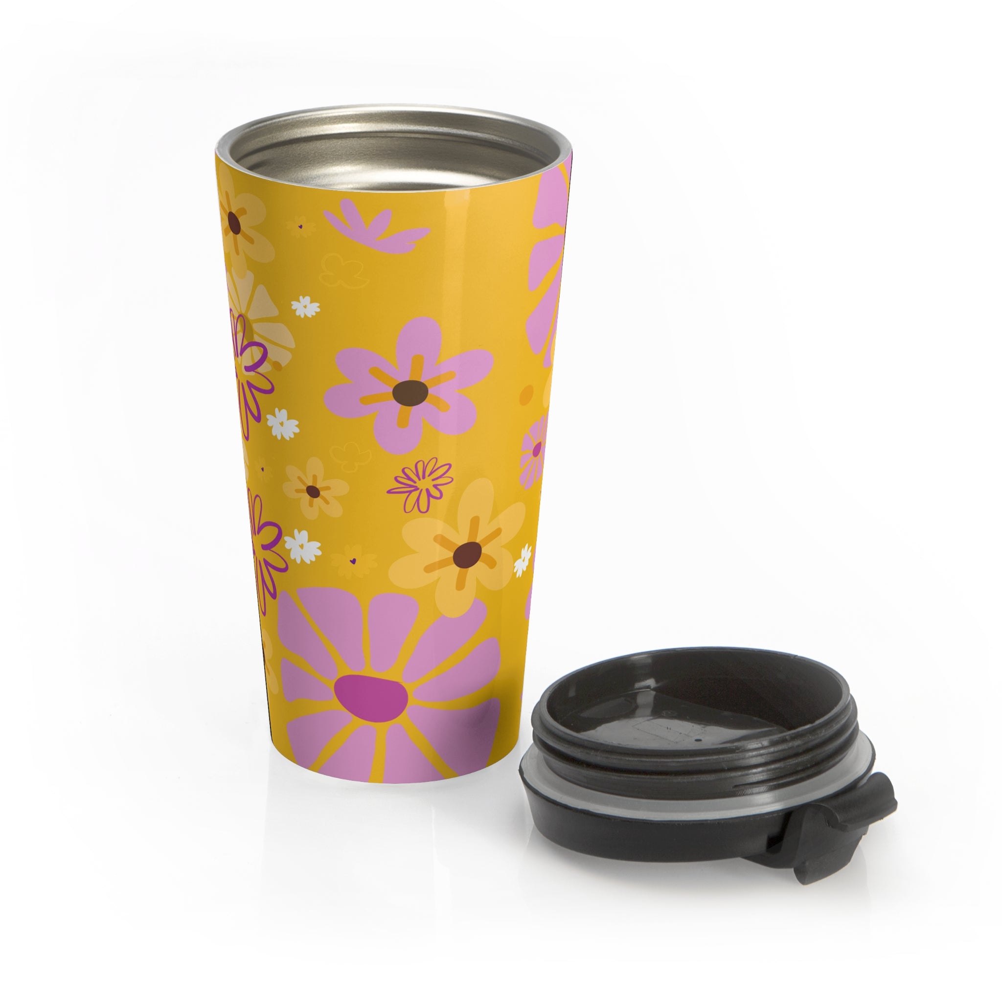 Floral Retro Travel Mug — Yellow Pink Daisy Stainless Steel Tumbler