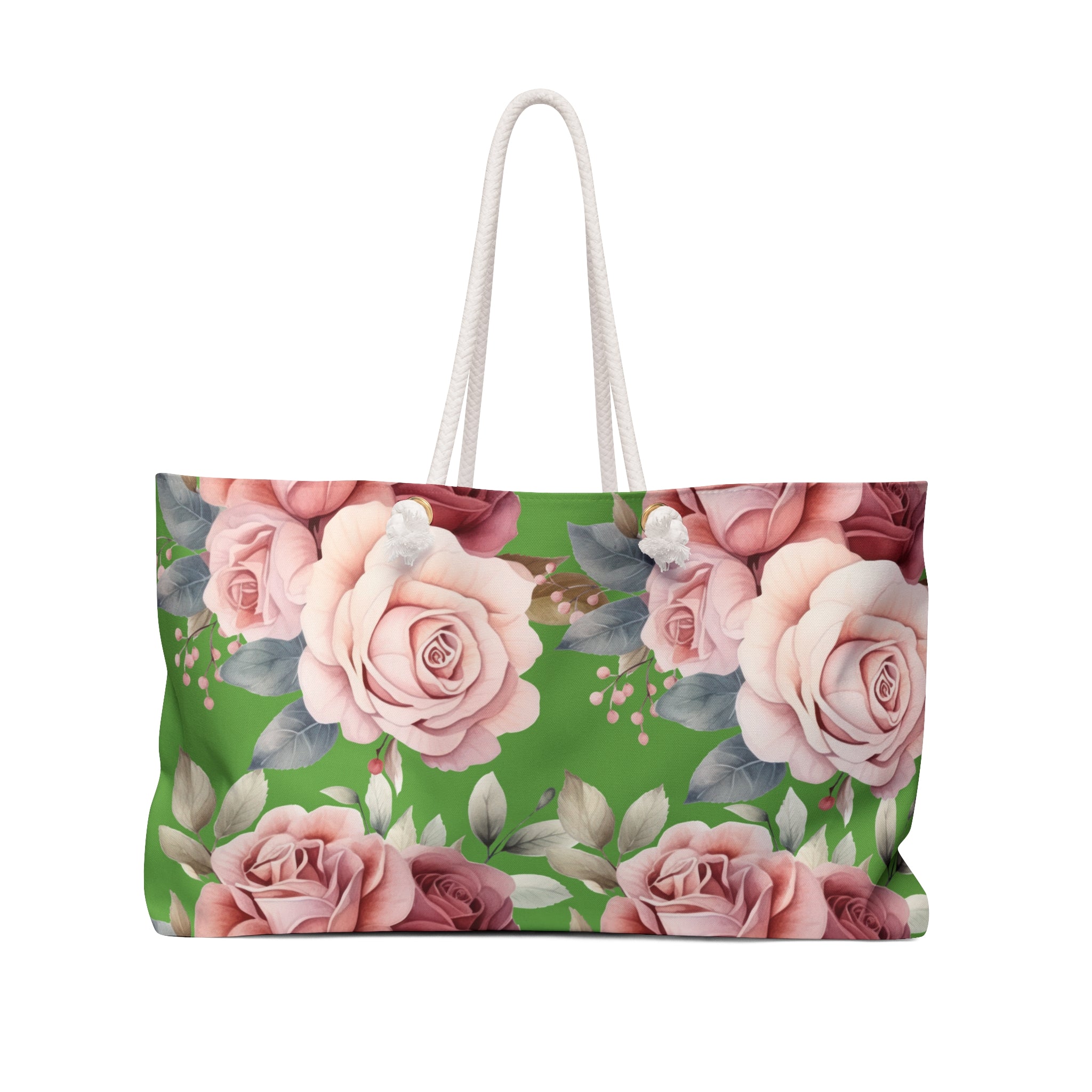 Floral Rose Weekender Bag — Pink Roses on Green Tote for Travel & Beach