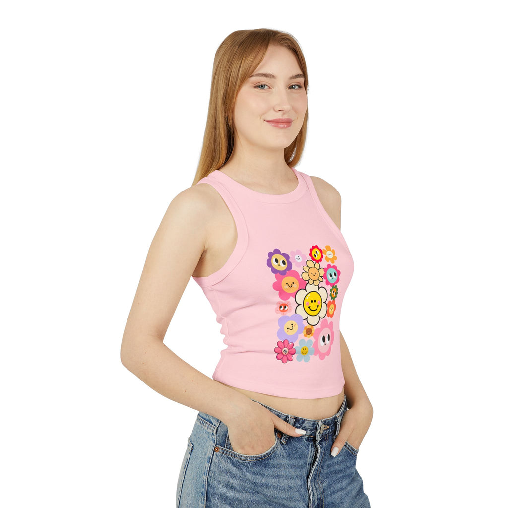 Smiley Flower Crop Tank — Cute Floral Smiley Graphic Racerback Tank